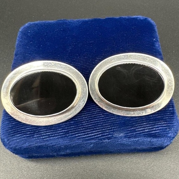 Vintage Sterling Silver Onyx Earrings Oval Pierced Mexico Chunky Modernist 18.5g - Picture 1 of 7